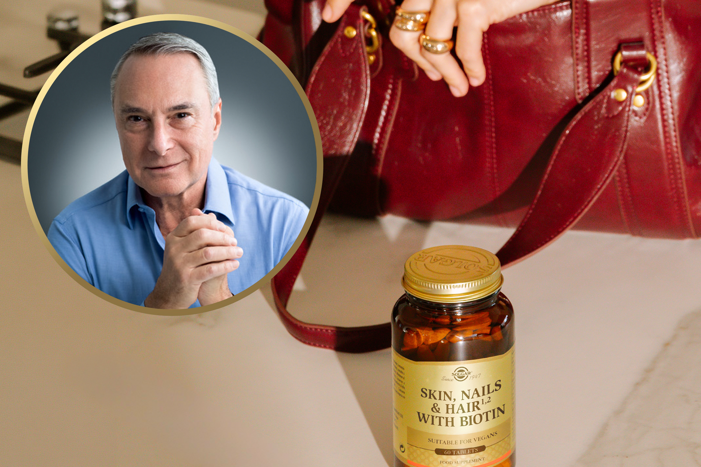 Solgar Skin, Nails & Hair with Biotin in a glass bottle on a table