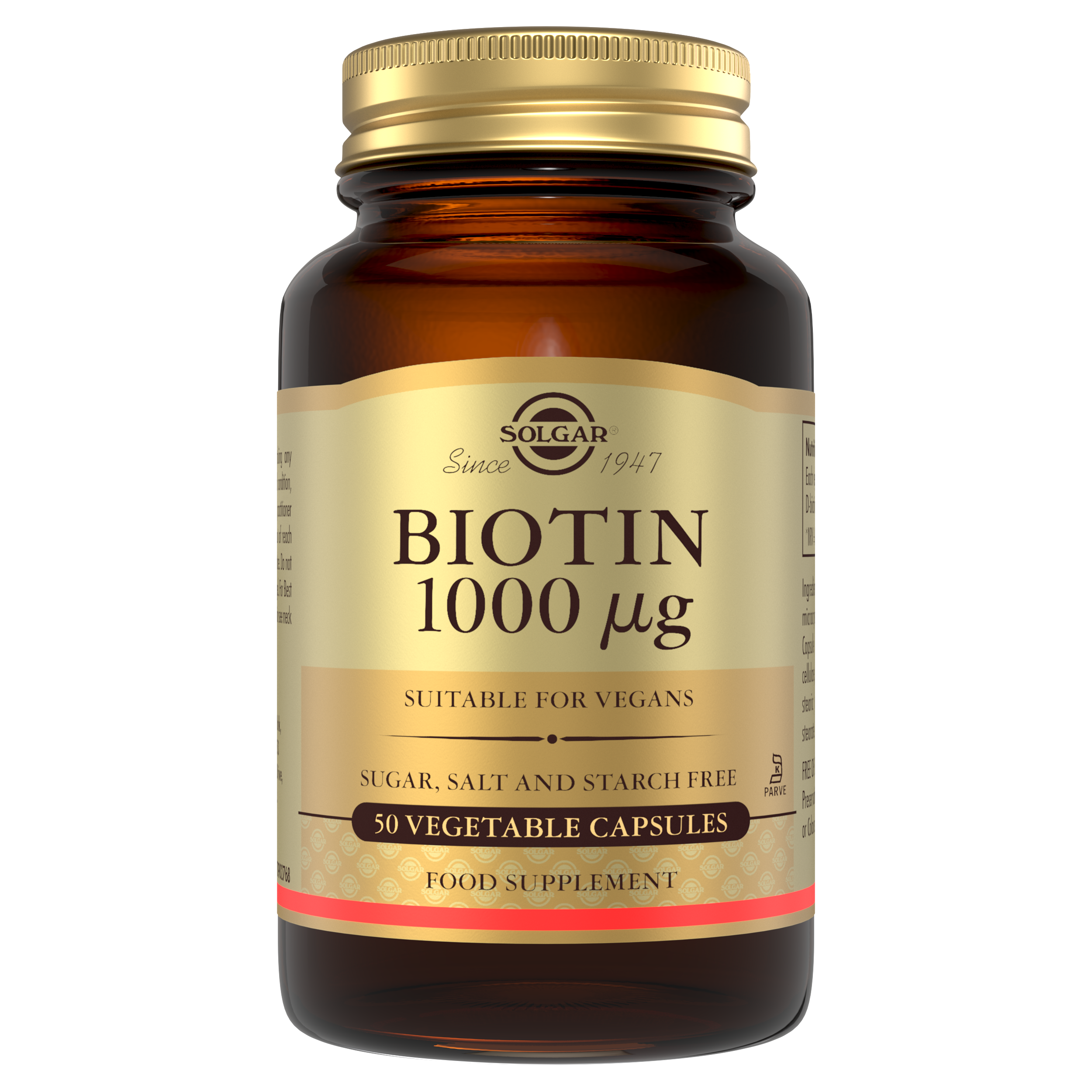 Glass bottle of Solgar Biotin 1000 µg supplements with a gold lid