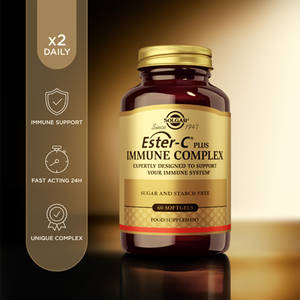 Solgar Ester-C Plus Immune Complex Softgels in a glass jar with product information next to it