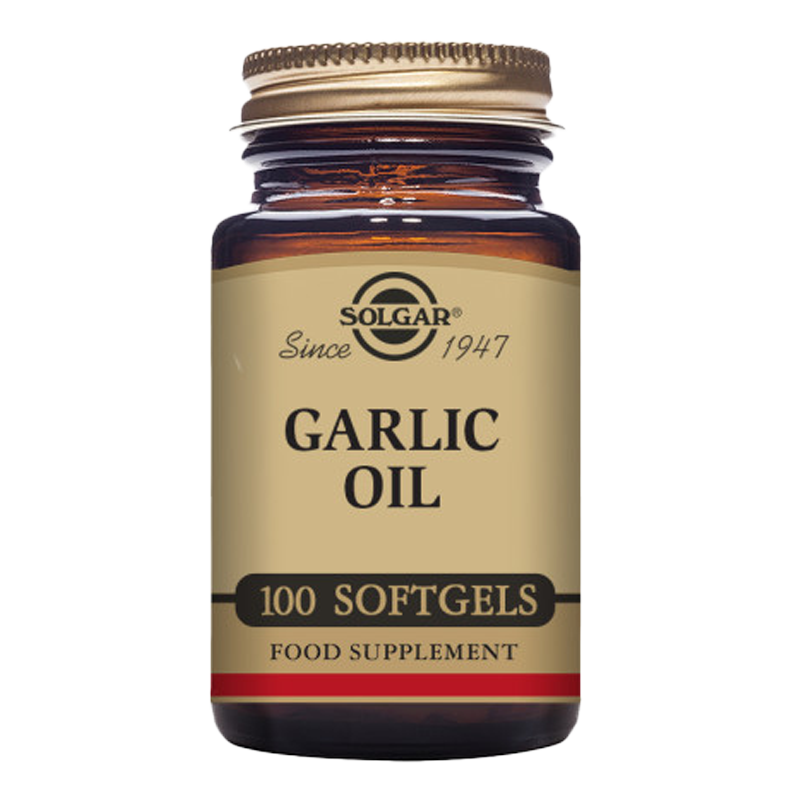 A glass bottle of Solgar Garlic Oil softgels with a gold lid