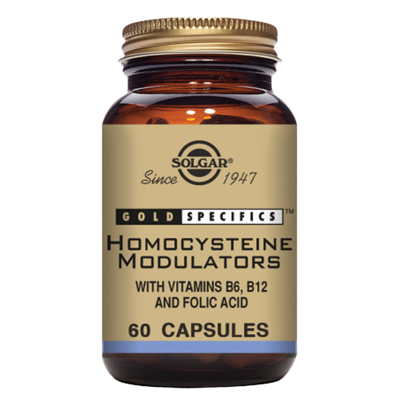 A bottle of Solgar Gold Specifics Homocysteine Modulators vegetable capsules with 60 capsules inside