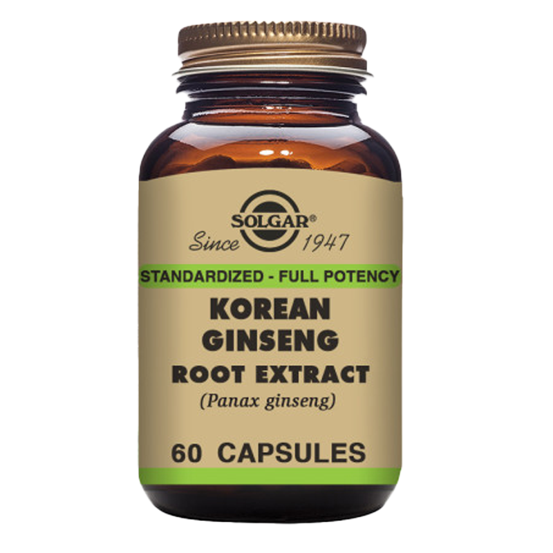 A glass bottle of Solgar Korean Ginseng Root Extract vegetable capsules containing 60 capsules