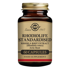 Solgar Rhodiola Root Extract vegetable capsules in a glass bottle with a gold lid