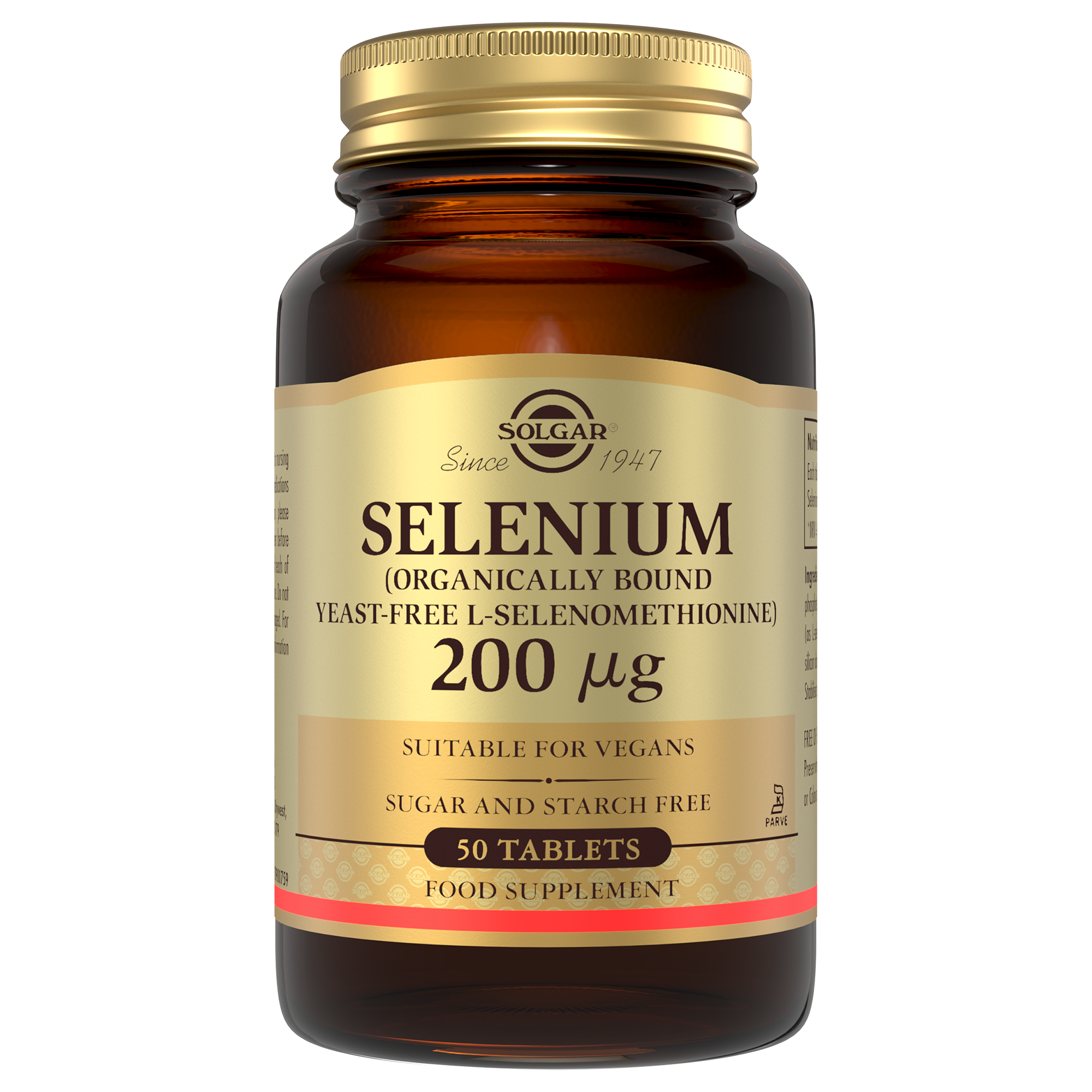 Solgar Selenium supplement glass bottle with a gold lid