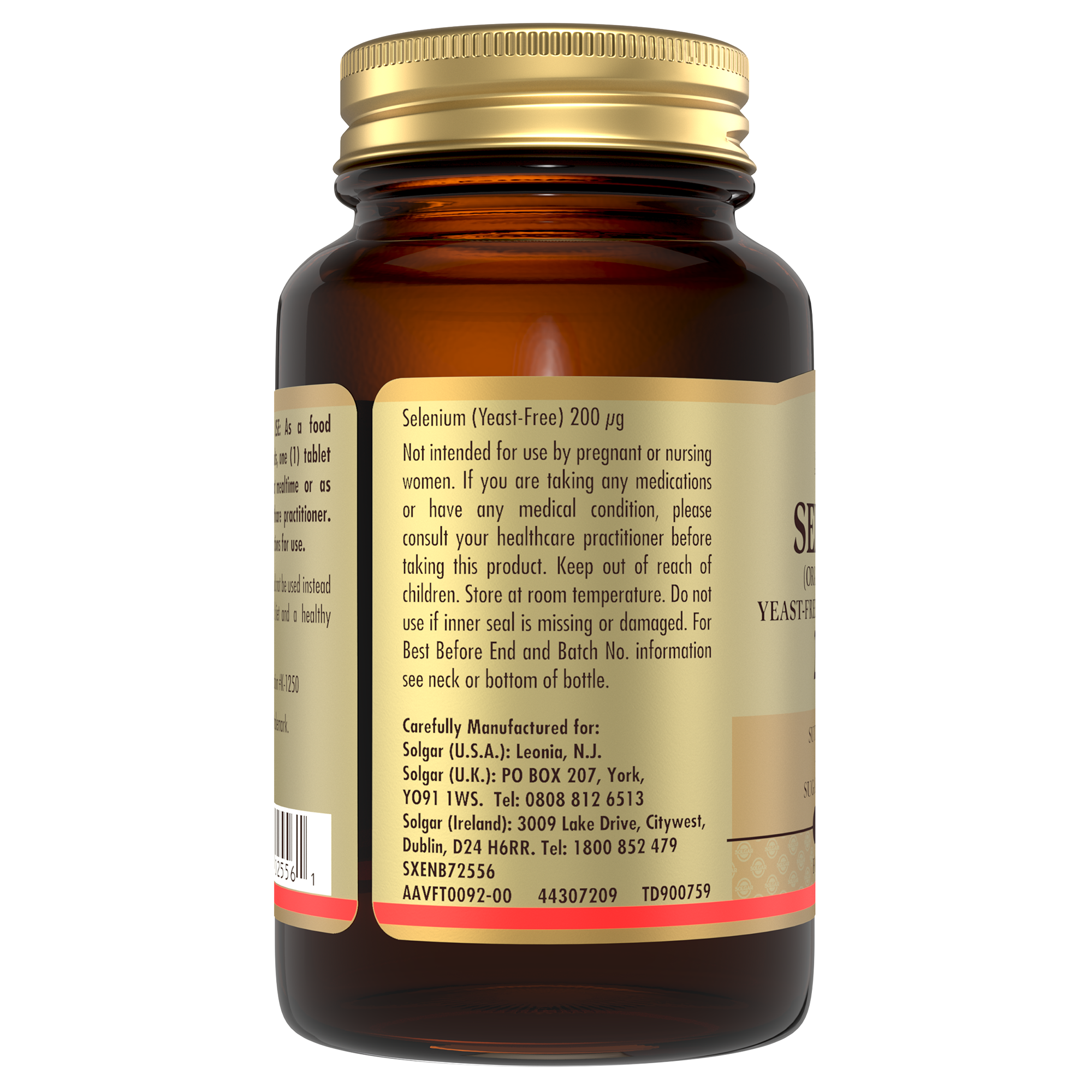 Side view of a Solgar Selenium supplement bottle