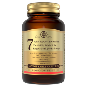 Solgar 7 Joint Support Vegetable Capsules in a glass bottle with a gold lid