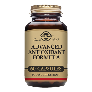 Solgar Advanced Antioxidant Formula vegetable capsules in a glass bottle with a gold lid