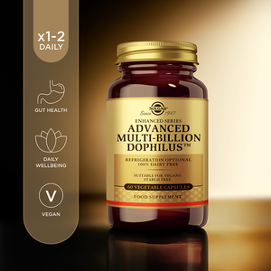Solgar Advanced Multi-Billion Dophilus Vegetable Capsules in a glass bottle with a gold lid
