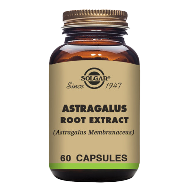 A glass bottle of Solgar Astragalus Root Extract vegetable capsules containing 60 capsules