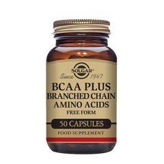 A glass bottle of Solgar BCAA Plus Branched Chain Amino Acids vegetable capsules, containing 50 capsules.