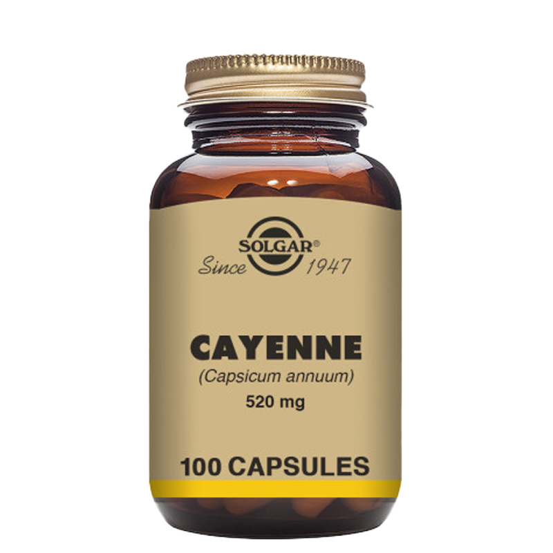 Solgar Cayenne capsules in a glass bottle with a gold lid