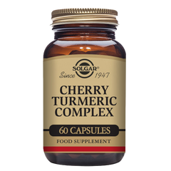 A glass bottle of Solgar Cherry Turmeric Complex vegetable capsules with a gold lid