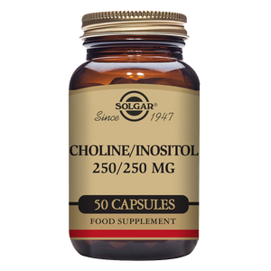 A glass bottle of Solgar Choline/Inositol 250/250 mg vegetable capsules with 50 capsules inside