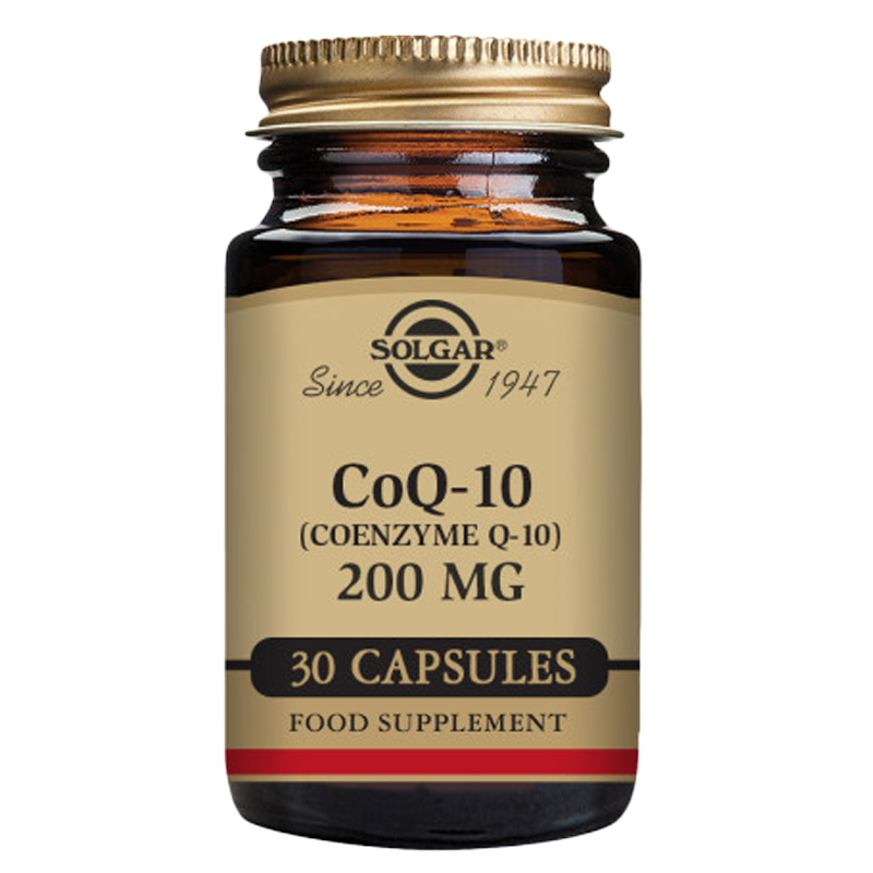 A bottle of Solgar CoQ-10 (Coenzyme Q-10) 200 mg Vegetable Capsules with 30 capsules inside