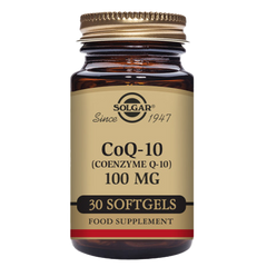 Solgar CoQ-10 100 mg Softgels in a glass bottle with a gold lid