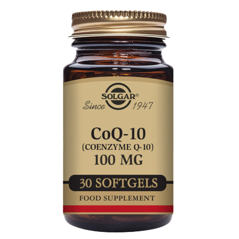 Solgar CoQ-10 100 mg Softgels in a glass bottle with a gold lid