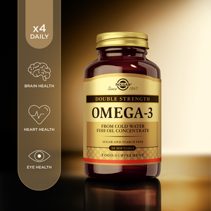 Solgar Double Strength Omega-3 Softgels in a glass bottle with product information beside it