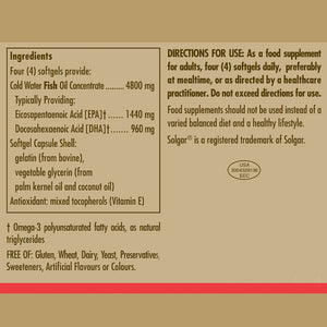 Product information label for Solgar Double Strength Omega-3 Softgels
