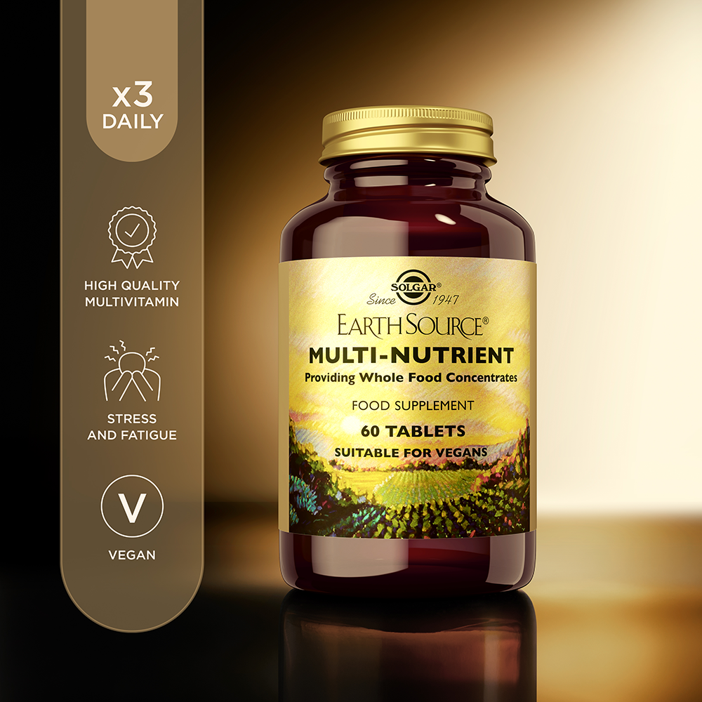 Solgar Earth Source Multi Nutrient Tablets in a glass bottle with vegan icon beside it