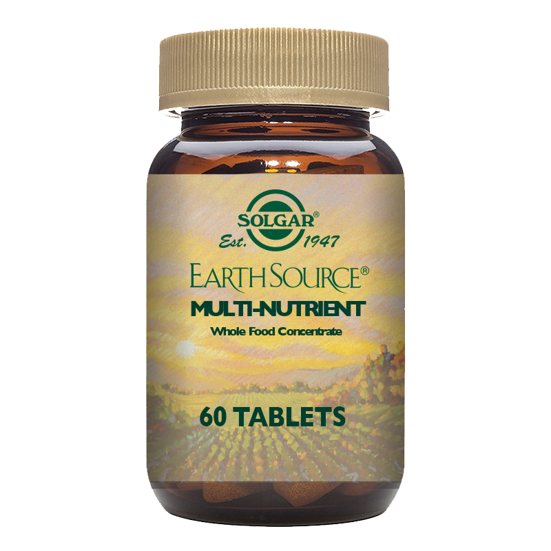 Solgar Earth Source Multi Nutrient Tablets in a glass bottle with a gold lid