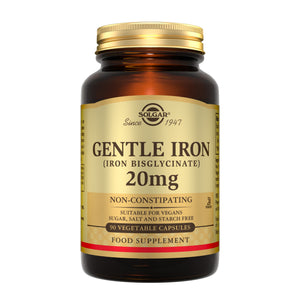 A bottle of 90 Solgar Gentle Iron 20mg vegetable capsules with a gold lid