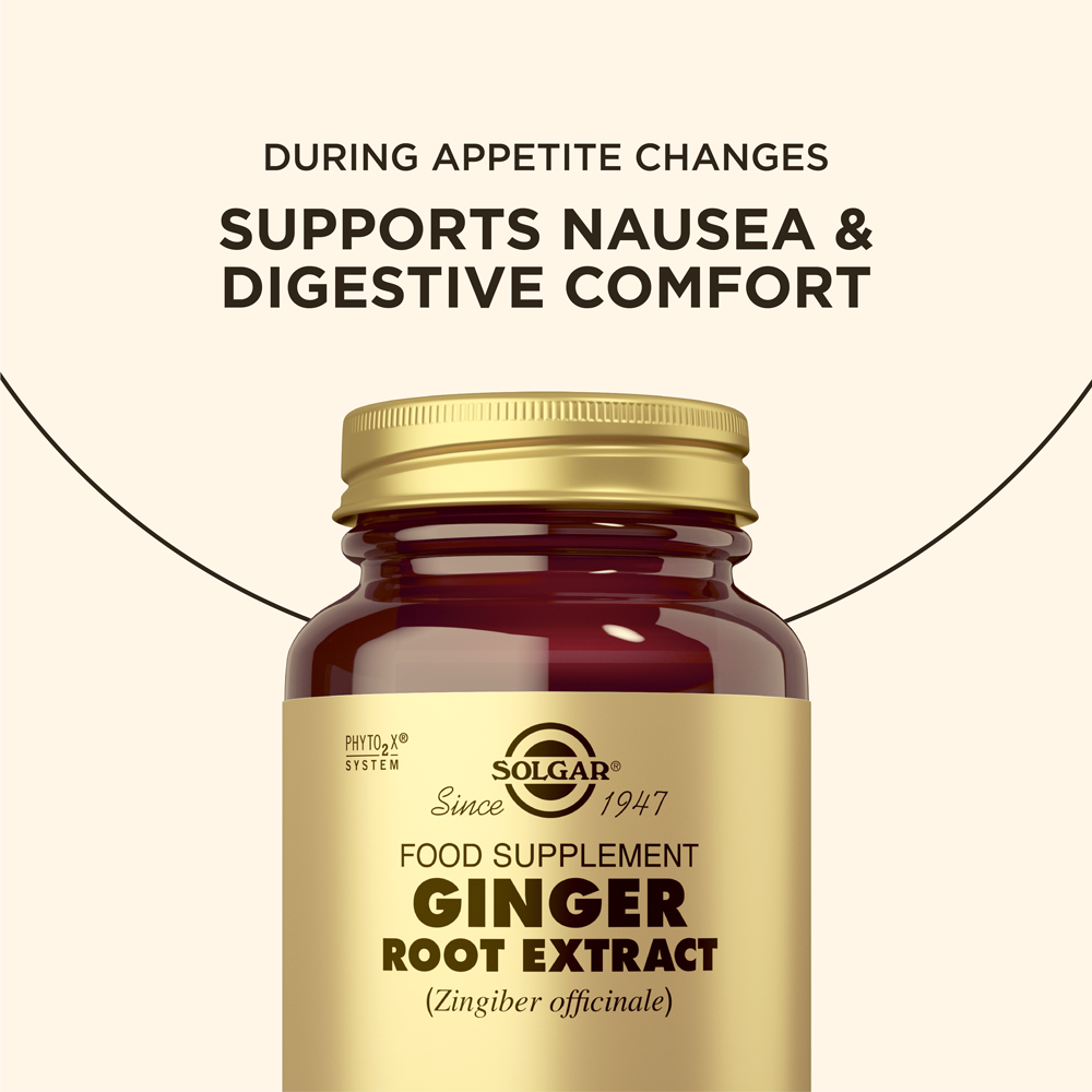 Solgar Ginger Root vegetable capsules with text about supporting nausea