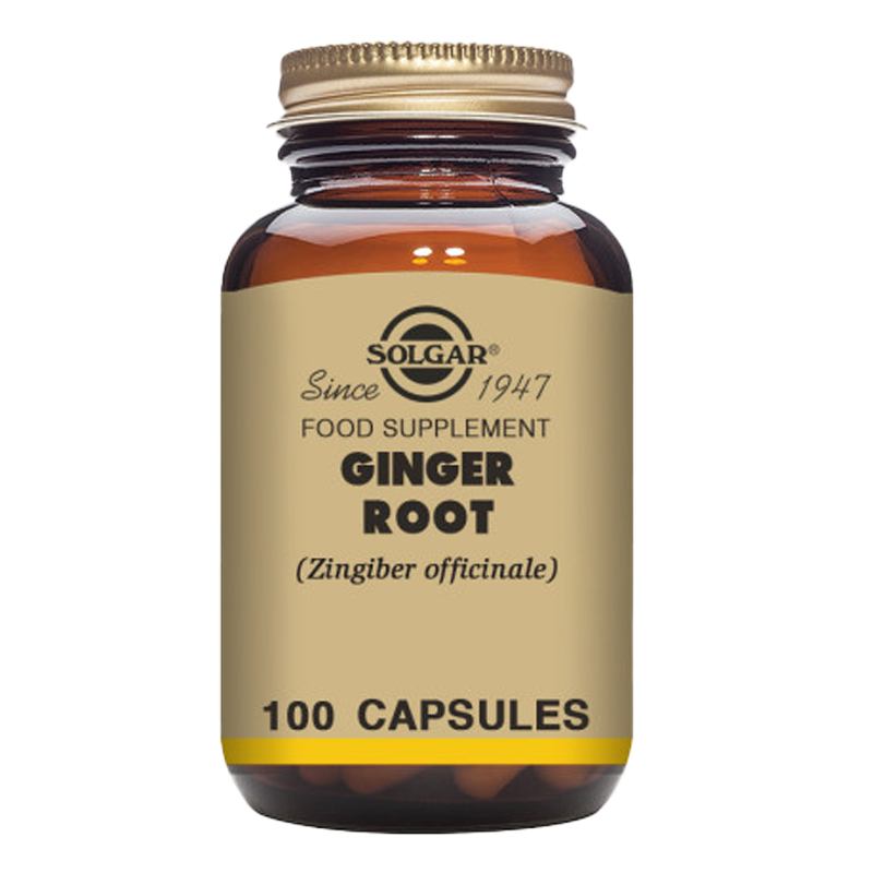 A glass bottle of Solgar Ginger Root vegetable capsules with a gold lid
