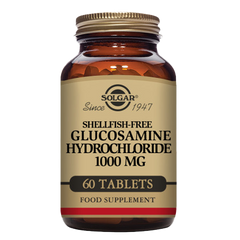 A glass bottle of Solgar Glucosamine Hydrochloride 1000 mg tablets, with 60 tablets included