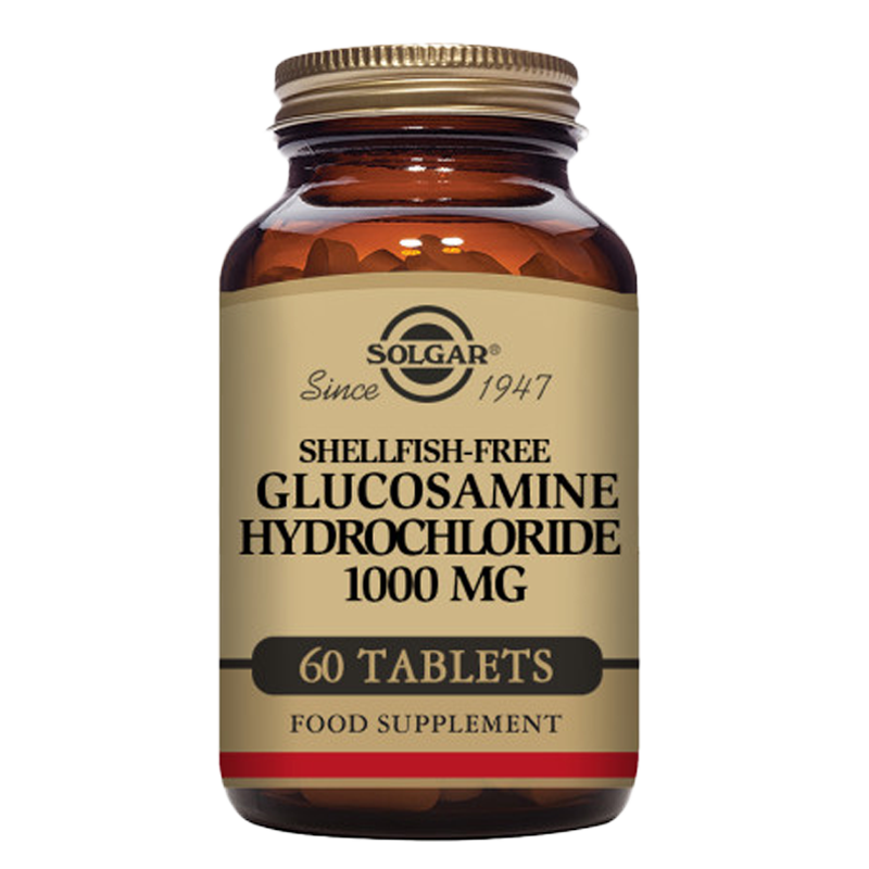 A glass bottle of Solgar Glucosamine Hydrochloride 1000 mg tablets, with 60 tablets included
