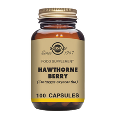 A glass bottle of Solgar Hawthorne Berry vegetable capsules, containing 100 capsules, with information about the product on the label.