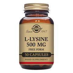 A glass bottle of Solgar L-Lysine 500 mg Vegetable Capsules with 50 capsules inside