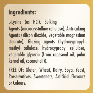 Ingredients label for a Solgar L-Lysine supplement bottle