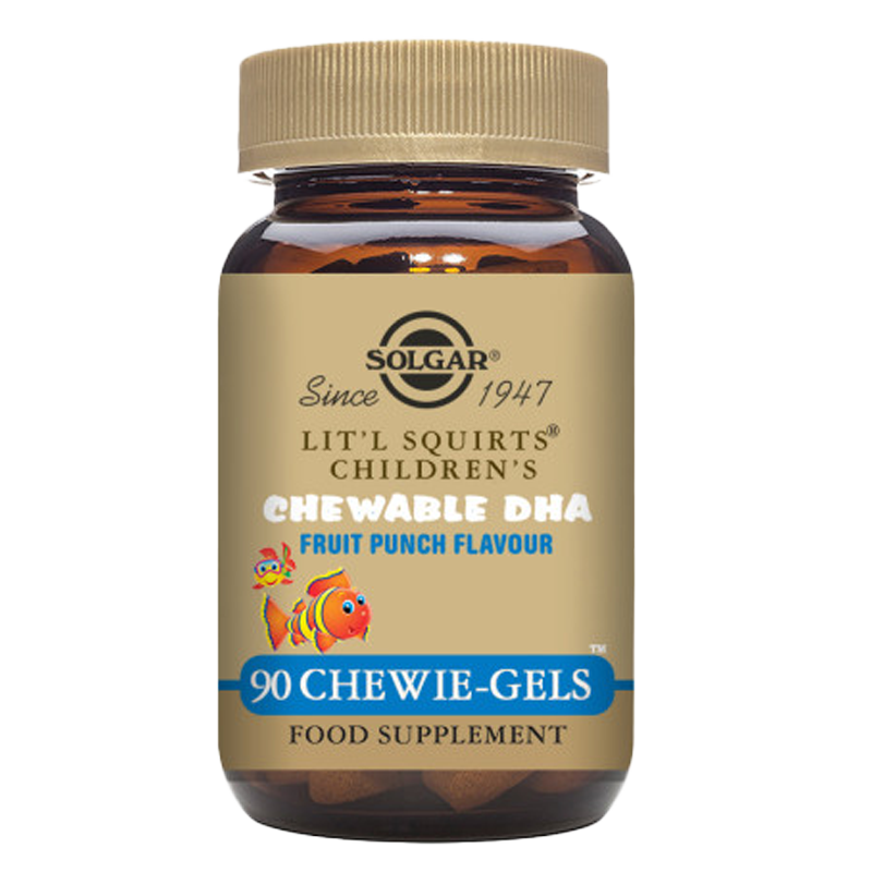 Solgar Lit'l Squirts Children's Chewable DHA supplements in a glass bottle with a gold lid