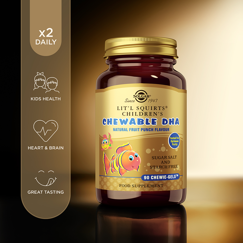 Solgar Lit'l Squirts Children's Chewable DHA supplements in a bottle with product information beside it