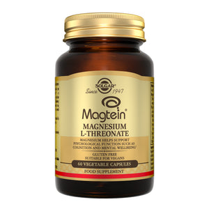 Solgar Magtein Magnesium L-Threonate food supplements in a glass bottle with a gold lid