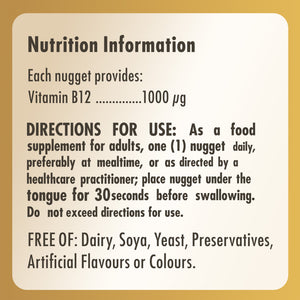 Nutrition information label for a bottle of Solgar Methylcobalamin vitamin B12 nuggets