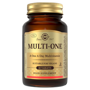 Solgar Multi One tablets in a glass jar