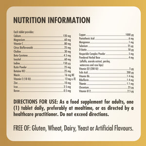 Nutrition information for a bottle of Solgar multi one tablets