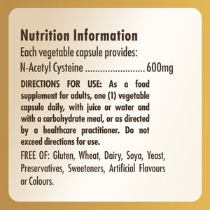 Nutrition information label on a bottle of Solgar NAC (N-Acetyl Cysteine) 600mg supplements