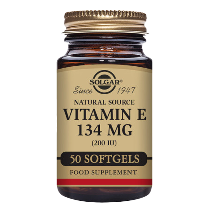 A glass bottle of Solgar Natural Source Vitamin E 134 mg softgels with a gold lid