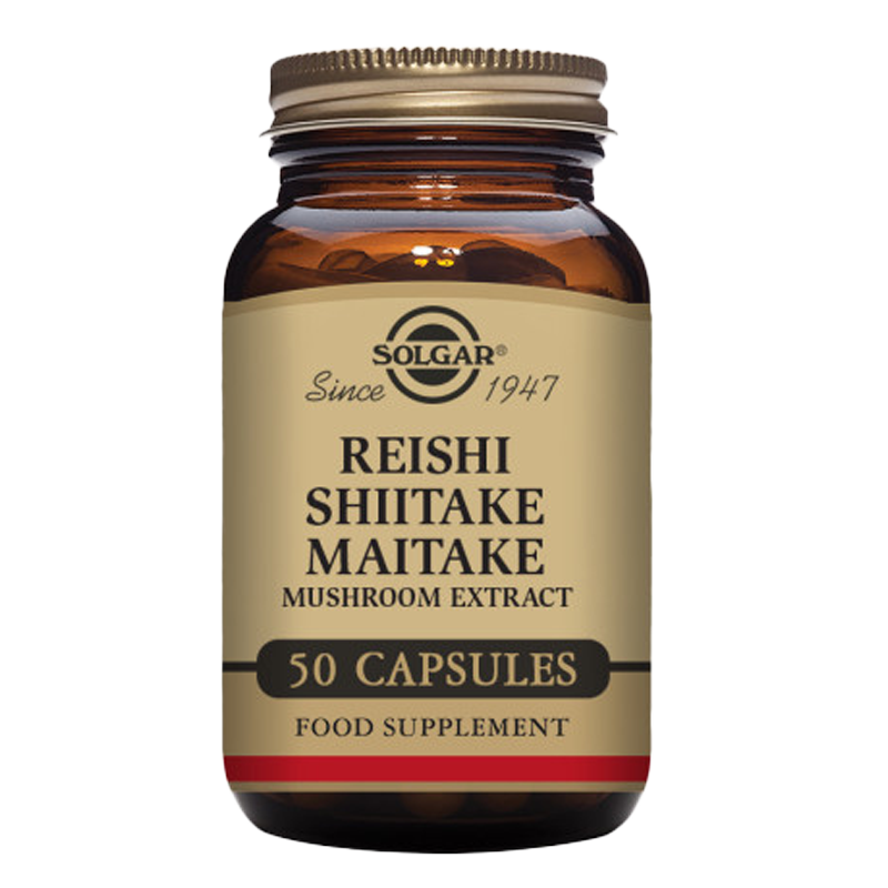 Solgar Reishi Shiitake Maitake Mushroom Extract Vegetable Capsules in a glass bottle