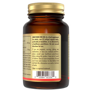 Directions for use label on a bottle of Solgar Resveratrol 250 mg Softgels