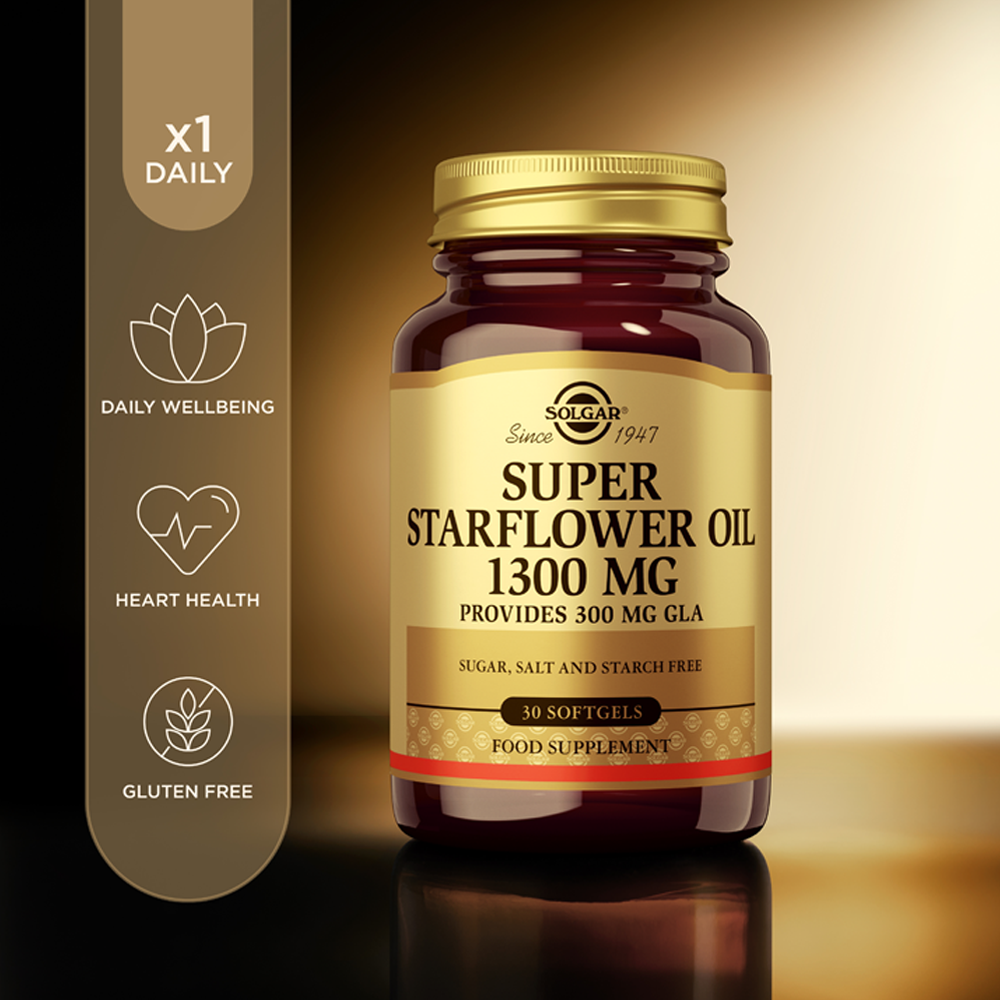 Solgar Super Starflower Oil 1300 mg Softgels in a glass bottle with some product information beside it