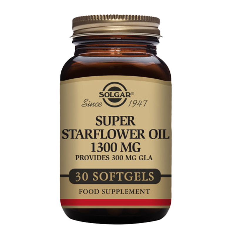 Solgar Super Starflower Oil 1300 mg Softgels in a glass bottle with a gold lid