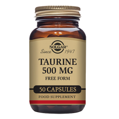 A bottle of Solgar Taurine 500 mg Vegetable Capsules with 50 capsules with a gold lid