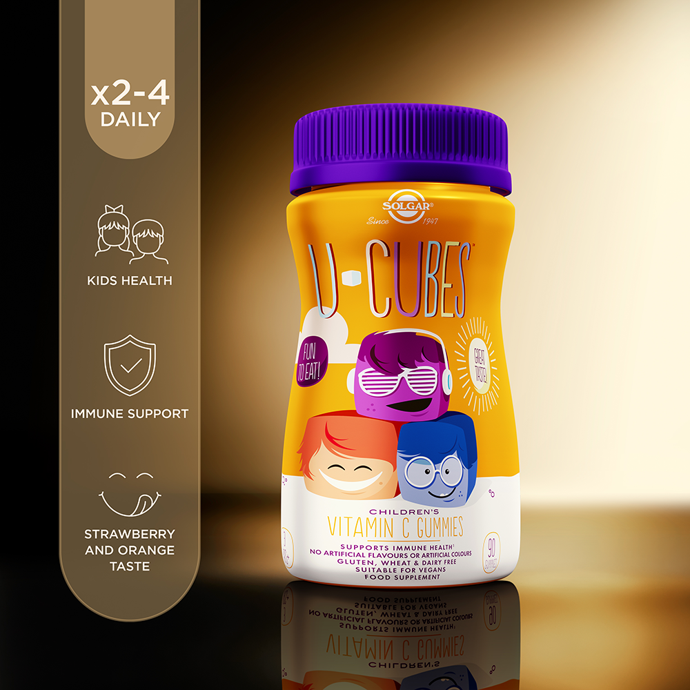 Solgar u cubes children gummies in a plastic bottle with some product information beside it