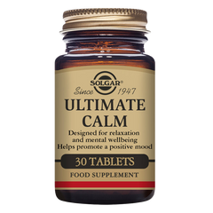 Solgar Ultimate Calm Tablets in a glass jar with a gold lid