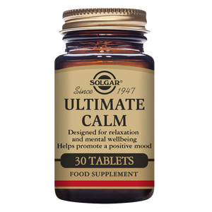 Solgar Ultimate Calm Tablets in a glass jar with a gold lid