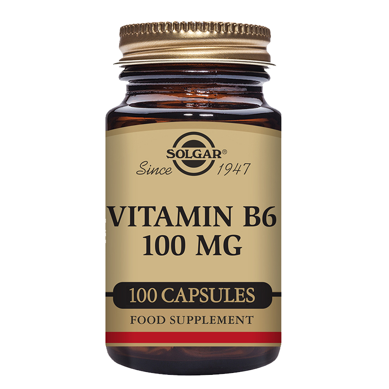 A glass bottle of Solgar Vitamin B6 100 mg vegetable capsules with a gold lid