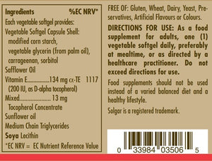 Ingredients label for Solgar Vitamin E 134 mg (200 IU) softgels